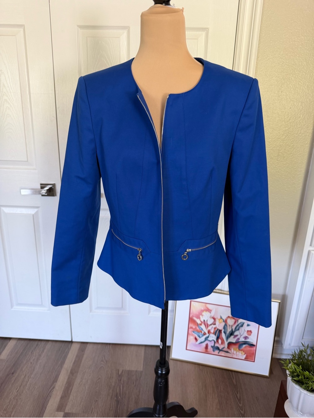 Calvin Klein Cobalt Blue Zip Front Blazer peplum